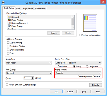 slika: možnost Paper Source na kartici Quick Setup