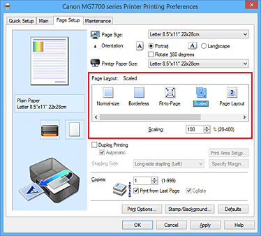 figure:Select Scaled for Page Layout on the Page Setup tab