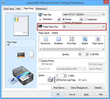 figure:Printer Paper Size on the Page Setup tab