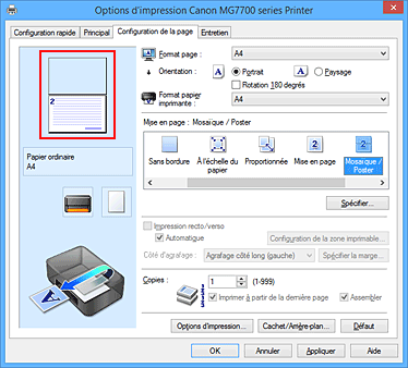 figure&nbsp;: Affichage de l'aperçu des paramètres dans l'onglet Configuration de la page