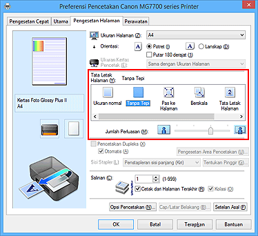 gambar: Pilih Tanpa Tepi untuk Tata Letak Halaman pada tab Pengesetan Halaman