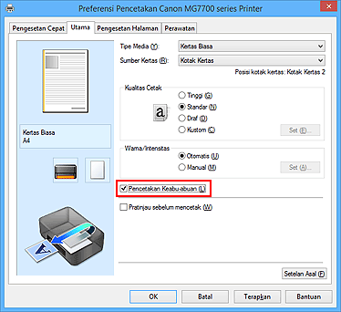gambar: Kotak centang Pencetakan Keabu-abuan pada tab Utama
