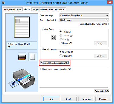 gambar: Kotak centang Pencetakan Keabu-abuan pada tab Utama