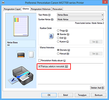 gambar: Kotak centang Pratinjau sebelum mencetak pada tab Utama