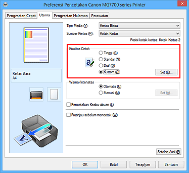 gambar: Pilih pada tab Utama, pilih Kustom untuk Kualitas Cetak