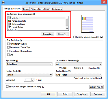 gambar: Setelan yang Biasa Digunakan dalam tab Pengesetan Cepat