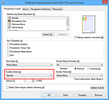 gambar: Kualitas Cetak pada tab Pengesetan Cepat