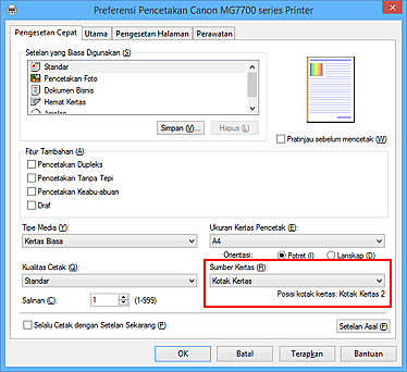 gambar: Sumber Kertas pada tab Pengesetan Cepat