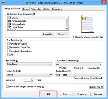 gambar: OK pada tab Pengesetan Cepat