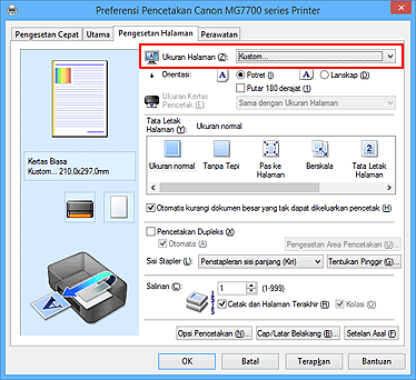 gambar: Pilih Kustom untuk Ukuran Halaman pada tab Pengesetan Halaman