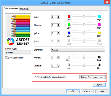afbeelding: selecteer Een patroon afdrukken voor kleuraanpassing op het tabblad Kleuraanpassing