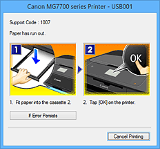 afbeelding: fout weergegeven in Canon IJ-statusmonitor