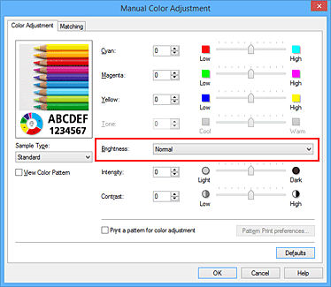 figura:Brightness din caseta de dialog Manual Color Adjustment