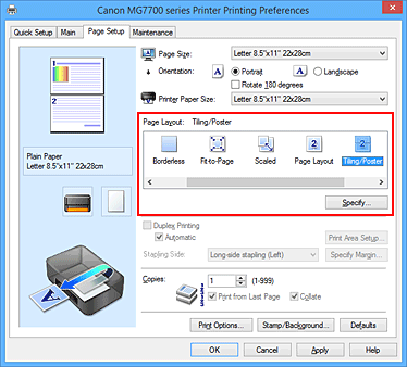 figura:Selectaţi Tiling/Poster pentru Page Layout din fila Page Setup