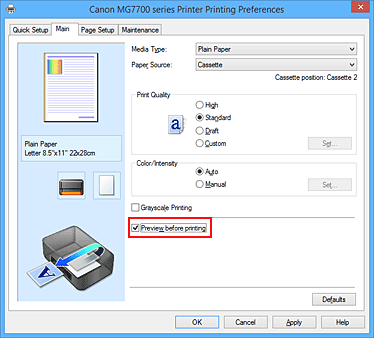 figura:Caseta de selectare Preview before printing de pe fila Main