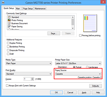 figura:Paper Source din fila Quick Setup