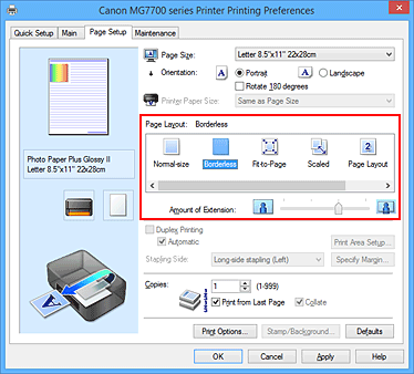 slika: v nastavitvi Page Layout na kartici Page Setup izberite Borderless