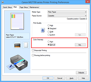 figur: Välj Manuell vid Färg/intensitet på fliken Huvudgrupp