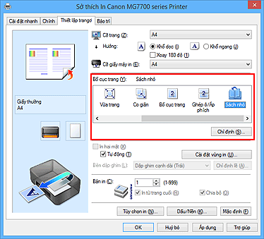 hình: Chọn Sách nhỏ cho Bố cục trang trên thanh Thiết lập trang
