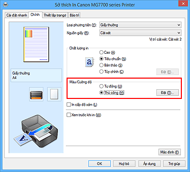 hình: Chọn Thủ công cho Màu/Cường độ trên thanh Chính