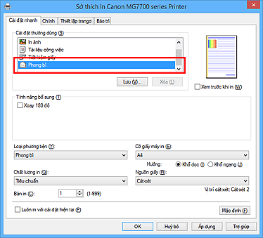 hình: Chọn Phong bì từ Cài đặt thường dùng trên thanh Cài đặt nhanh