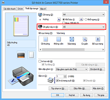 hình: Cỡ giấy máy in trên thanh Thiết lập trang