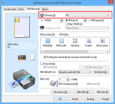 hình: Cỡ trang trên thanh Thiết lập trang