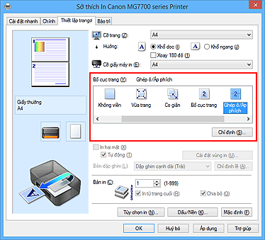 hình: Chọn Ghép ô/Áp phích cho Bố cục trang trên thanh Thiết lập trang