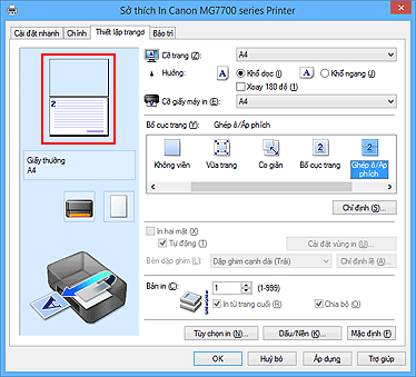 hình: Xem trước Cài đặt được hiển thị trên thanh Thiết lập trang