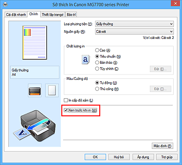 hình: Hộp kiểm Xem trước khi in trên thanh Chính