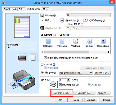 hình: Tùy chọn in... trên thanh Thiết lập trang