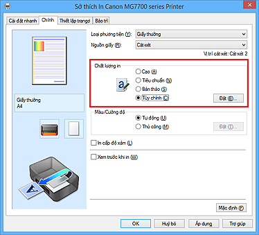 hình: Chọn trên thanh Chính, chọn Tùy chỉnh cho Chất lượng in