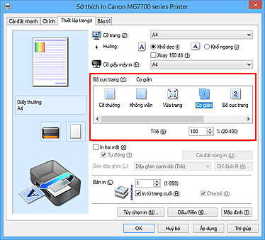 hình: Chọn Co giãn cho Bố cục trang trên thanh Thiết lập trang