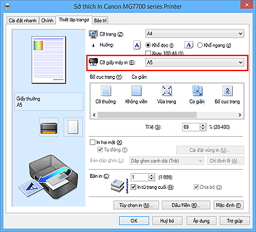 hình: Cỡ giấy máy in trên thanh Thiết lập trang
