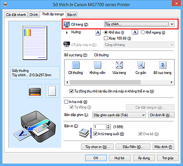 hình: Chọn Tùy chỉnh cho Cỡ trang trên thanh Thiết lập trang