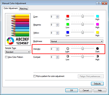 Imagen:Intensidad en el cuadro de diálogo Ajuste manual del color