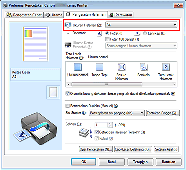 gambar: Ukuran Halaman pada tab Pengesetan Halaman