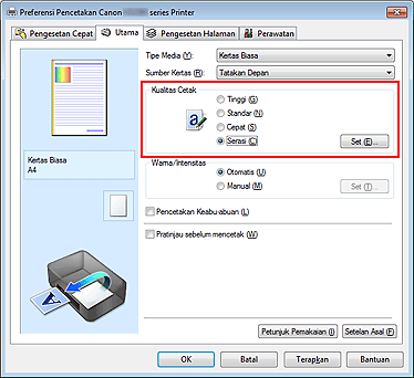 gambar: Pilih pada tab Utama, pilih Serasi untuk Kualitas Cetak