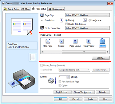 figure:Select Booklet for Page Layout on the Page Setup tab
