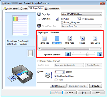 figure:Select Borderless for Page Layout on the Page Setup tab