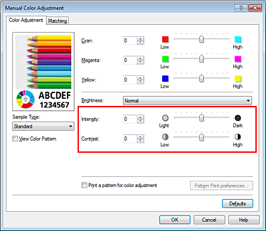 figure:Intensity/contrast on the Manual Color Adjustment dialog box