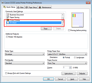figure:Select Envelope from Commonly Used Settings on the Quick Setup tab