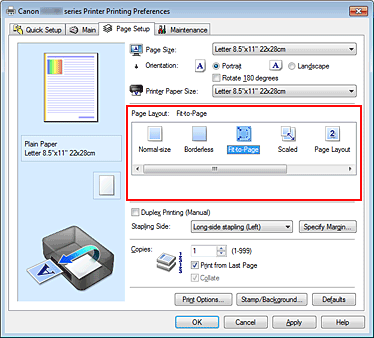 figure:Select Fit-to-Page for Page Layout on the Page Setup tab