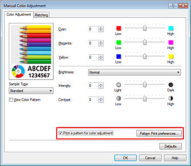 figure:Select Print a pattern for color adjustment on the Color Adjustment tab