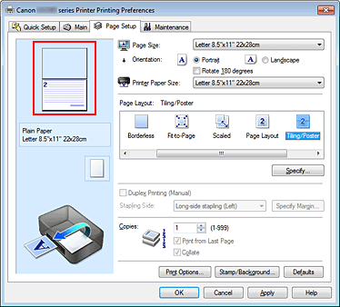 figure:Settings preview displayed on the Page Setup tab