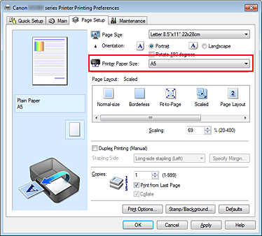 figure:Printer Paper Size on the Page Setup tab