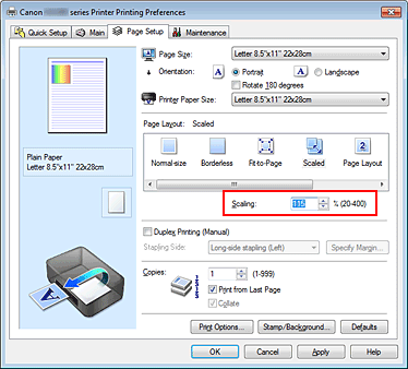 figure:Scaling on the Page Setup tab