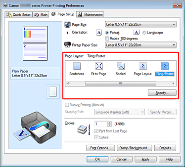 figura:Selectaţi Tiling/Poster pentru Page Layout din fila Page Setup