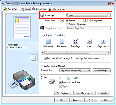 figura:Selectarea Custom pentru Page Size din fila Page Setup