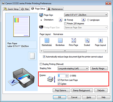 slika: možnost Copies na kartici Page Setup